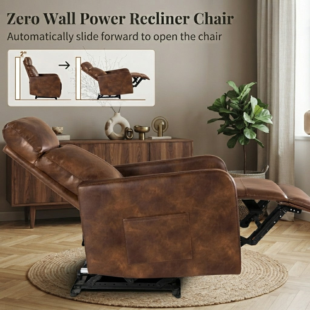 Zero Wall Power Recliner Chair for Small Spaces, Compact Recliner for Adults, Petite Recliner for Living Room, Faux Leather Reclining Chair with Remote Control and Side Pockets, Light Brown
