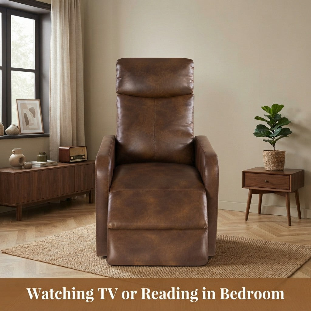 Zero Wall Power Recliner Chair for Small Spaces, Compact Recliner for Adults, Petite Recliner for Living Room, Faux Leather Reclining Chair with Remote Control and Side Pockets, Light Brown