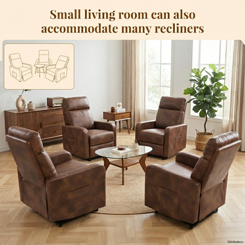 Zero Wall Power Recliner Chair for Small Spaces, Compact Recliner for Adults, Petite Recliner for Living Room, Faux Leather Reclining Chair with Remote Control and Side Pockets, Light Brown