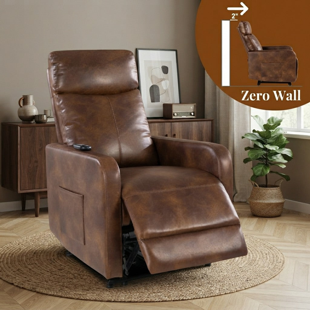 Zero Wall Power Recliner Chair for Small Spaces, Compact Recliner for Adults, Petite Recliner for Living Room, Faux Leather Reclining Chair with Remote Control and Side Pockets, Light Brown