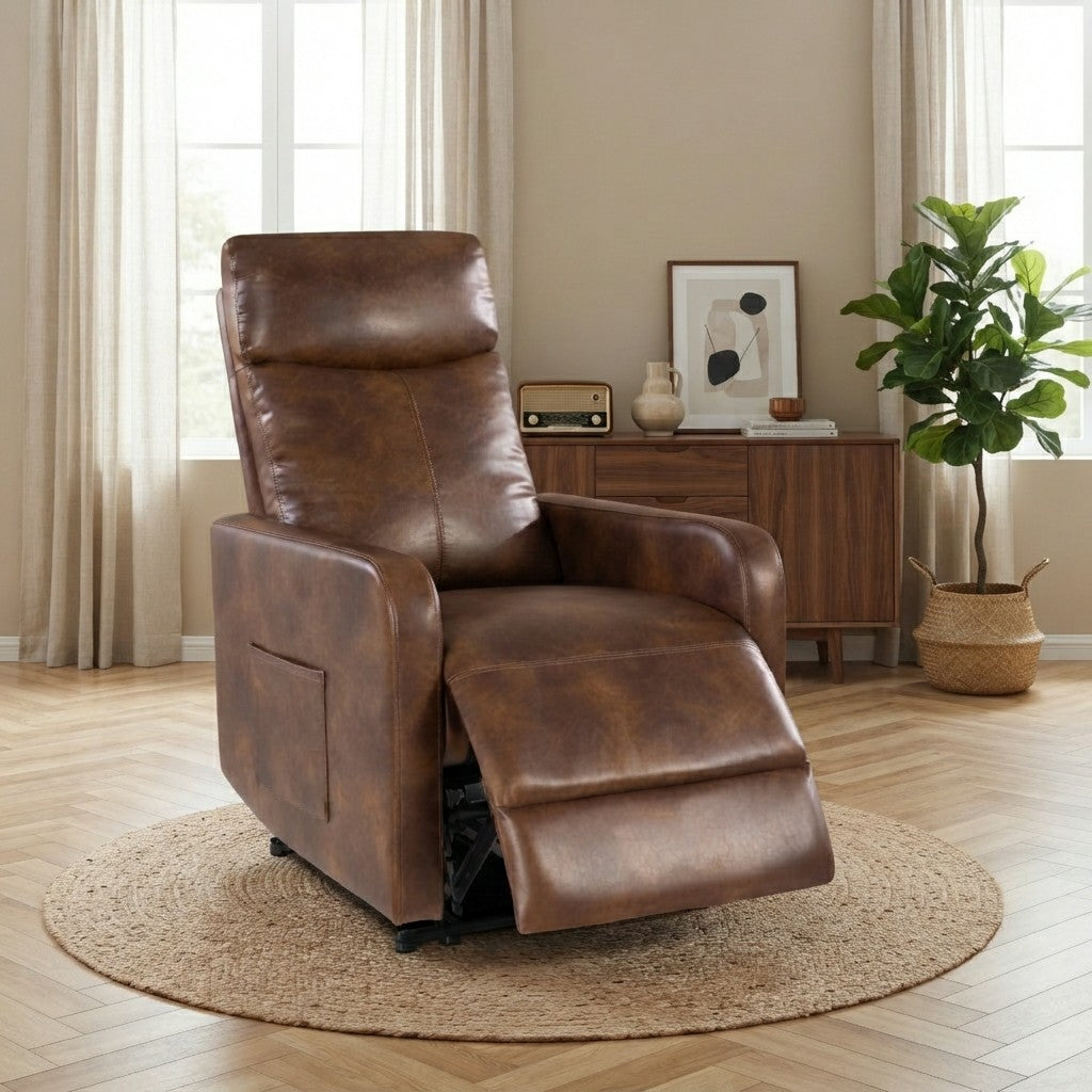 Zero Wall Power Recliner Chair for Small Spaces, Compact Recliner for Adults, Petite Recliner for Living Room, Faux Leather Reclining Chair with Remote Control and Side Pockets, Light Brown