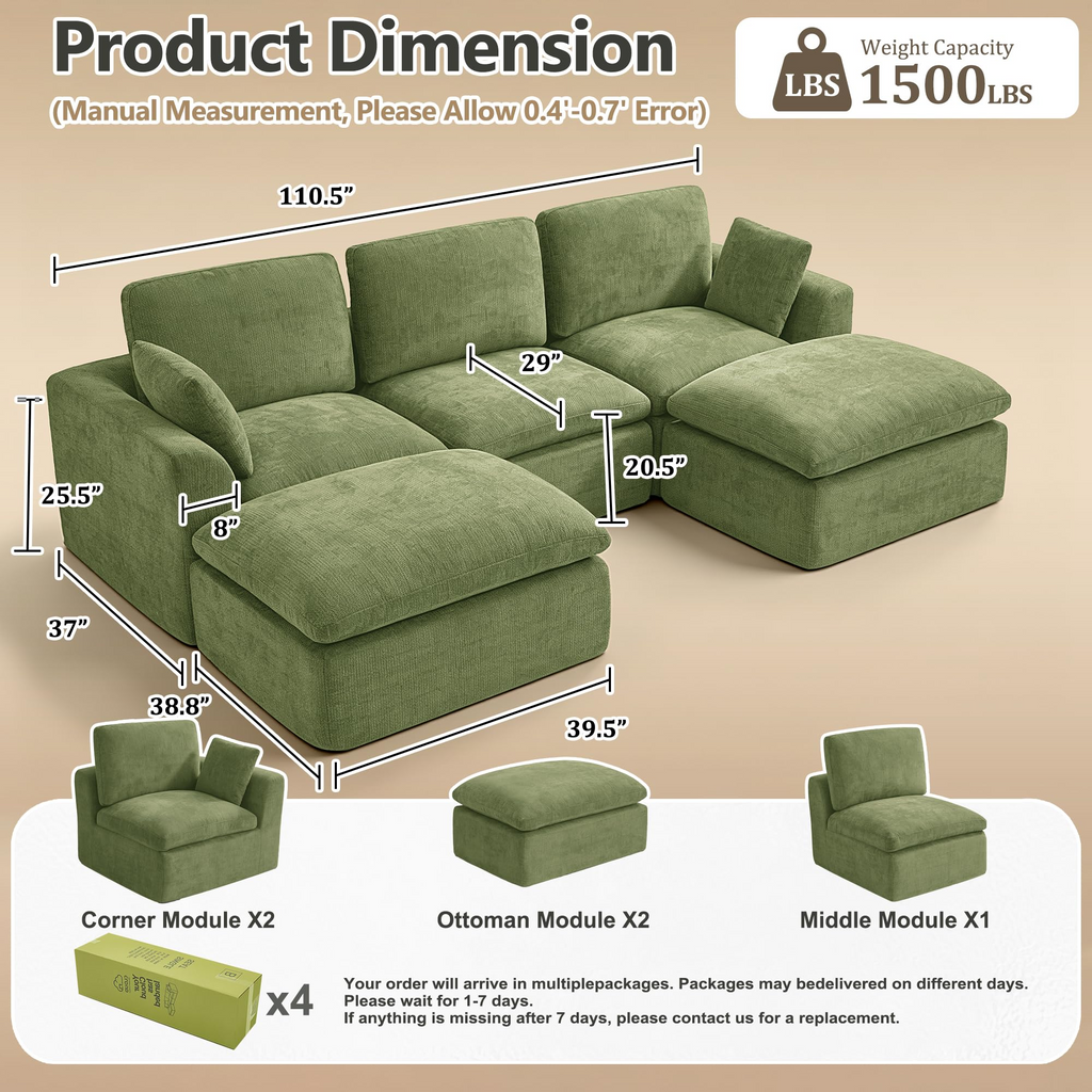 110" Modular Sectional Sofa with Ottoman,Boneless Cloud Couch with Double-Layer Memory Foam and Chenille Fabric,Deep Seat Comfortable Sofa for Living Room,Olive Green,5 Seater- U shaped