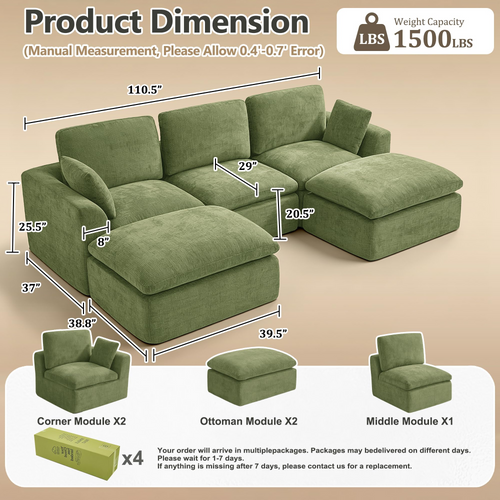 110" Modular Sectional Sofa with Ottoman,Boneless Cloud Couch with Double-Layer Memory Foam and Chenille Fabric,Deep Seat Comfortable Sofa for Living Room,Olive Green,5 Seater- U shaped