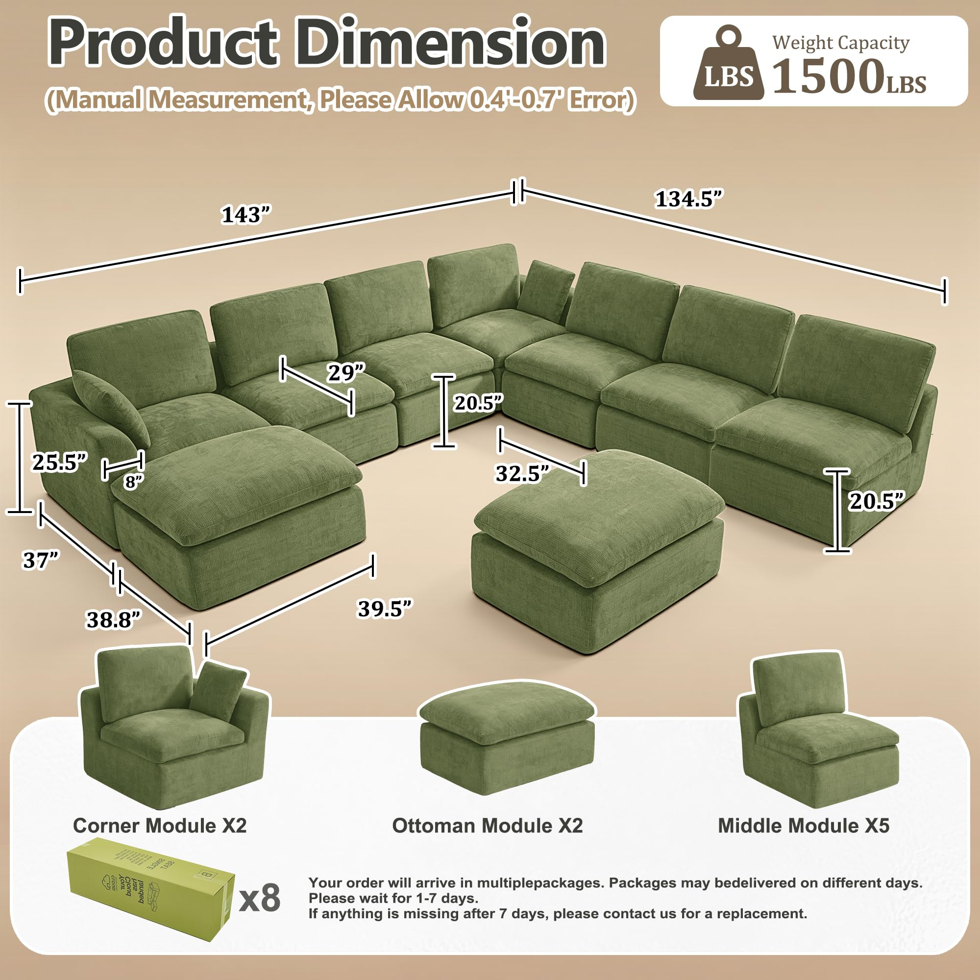 110" Modular Sectional Sofa with Ottoman,Boneless Cloud Couch with Double-Layer Memory Foam and Chenille Fabric,Deep Seat Comfortable Sofa for Living Room,Olive Green,5 Seater- U shaped