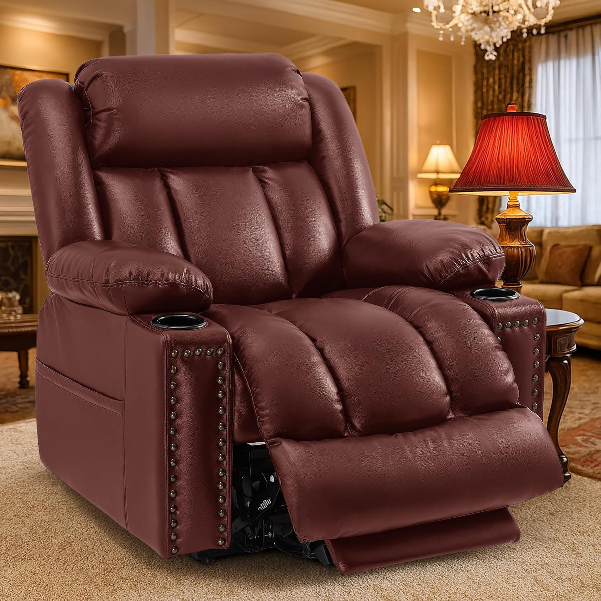 Triple Motor Power Lift Recliner Chair for Elderly with Heat & Vibration Massage,Extended Footrest,USB-A & USB-C Ports,Faux Leather,Red
