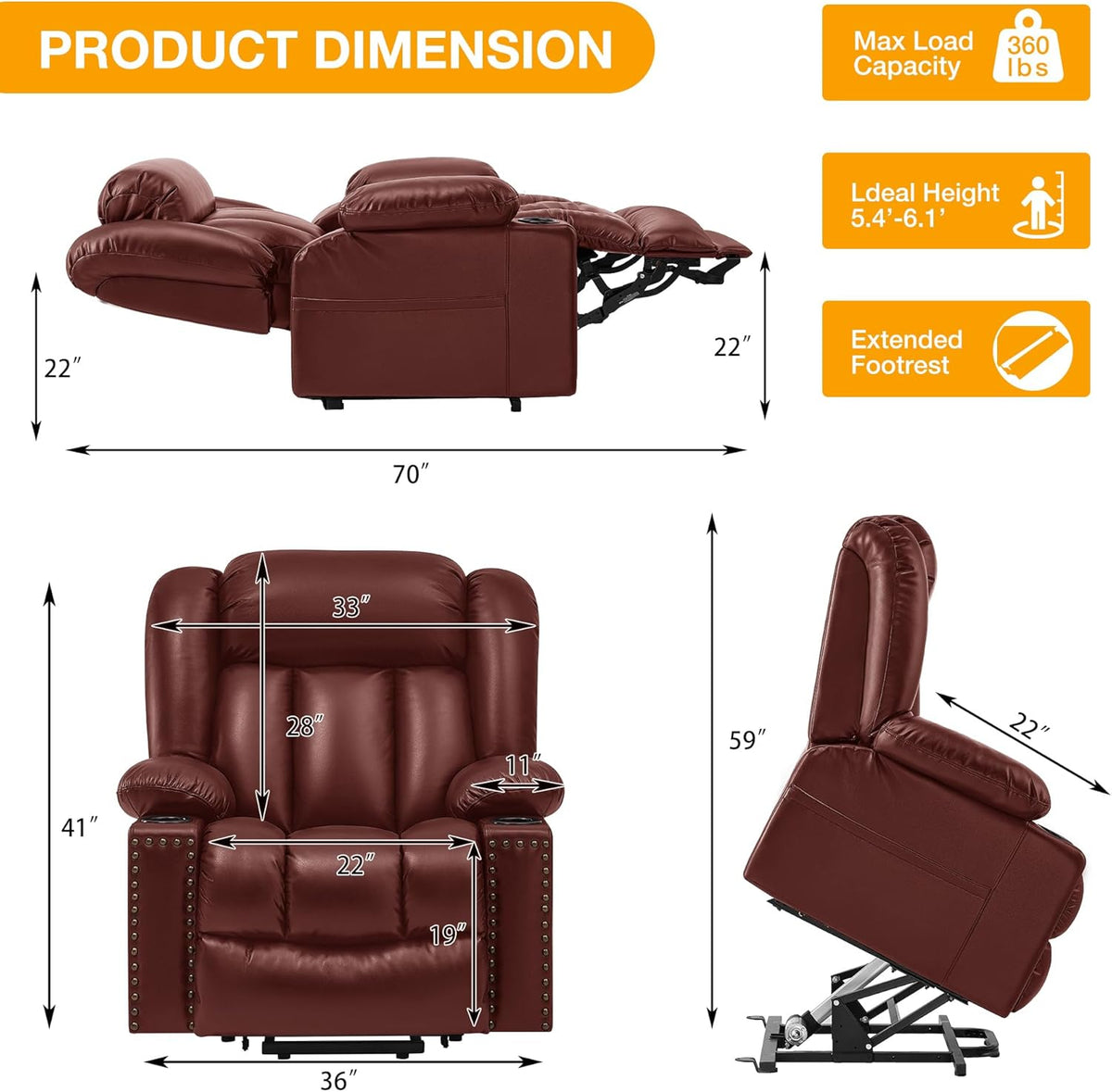 Triple Motor Power Lift Recliner Chair for Elderly with Heat & Vibration Massage,Extended Footrest,USB-A & USB-C Ports,Faux Leather,Red