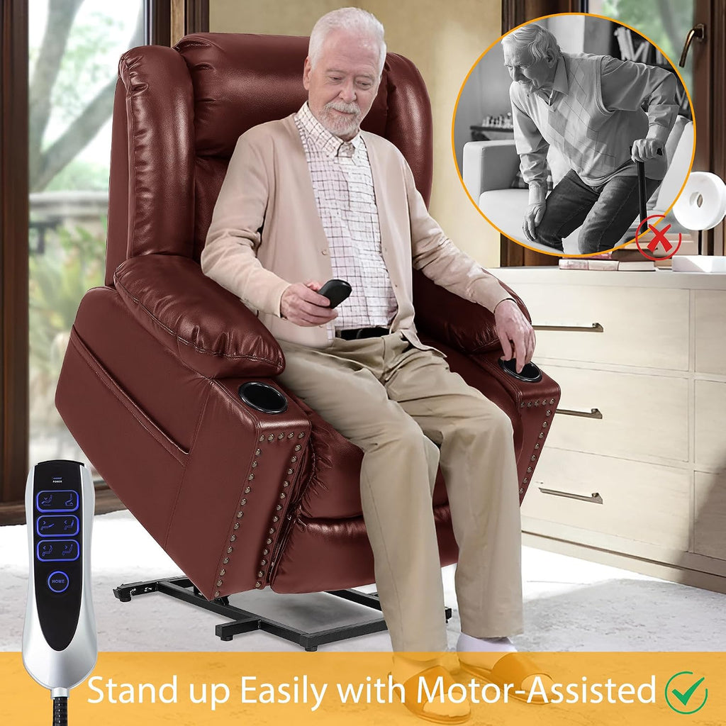 Triple Motor Power Lift Recliner Chair for Elderly with Heat & Vibration Massage,Extended Footrest,USB-A & USB-C Ports,Faux Leather,Red
