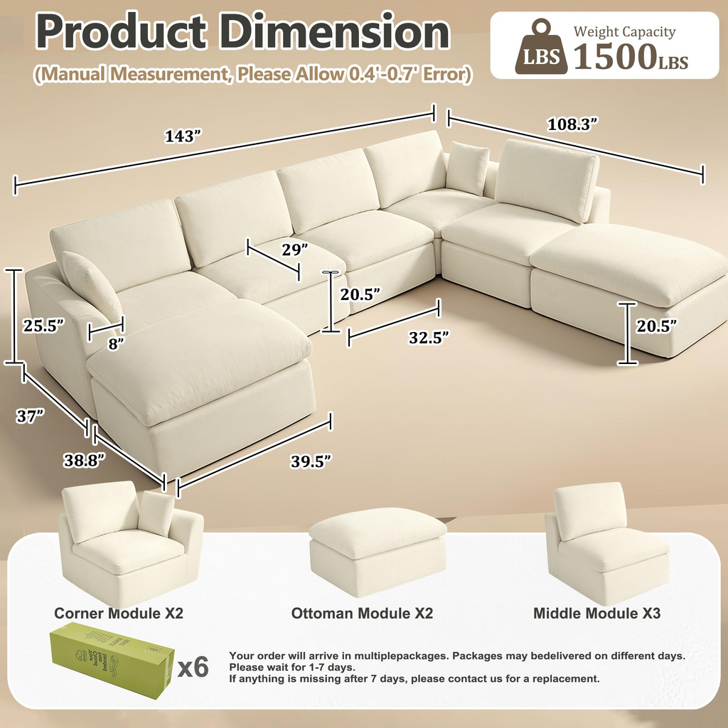 7-Seater Modular Sectional Sofa with Ottoman,Boneless Cloud Couch with Double-Layer Memory Foam and Chenille Fabric,Deep Seat Comfortable Sofa for Living Room,White,175 inch- U shaped