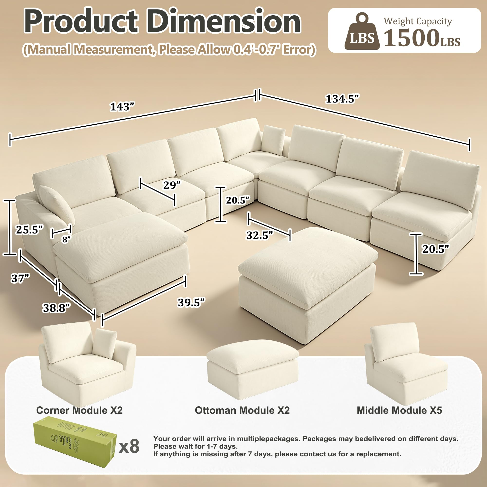 7-Seater Modular Sectional Sofa with Ottoman,Boneless Cloud Couch with Double-Layer Memory Foam and Chenille Fabric,Deep Seat Comfortable Sofa for Living Room,White,175 inch- U shaped
