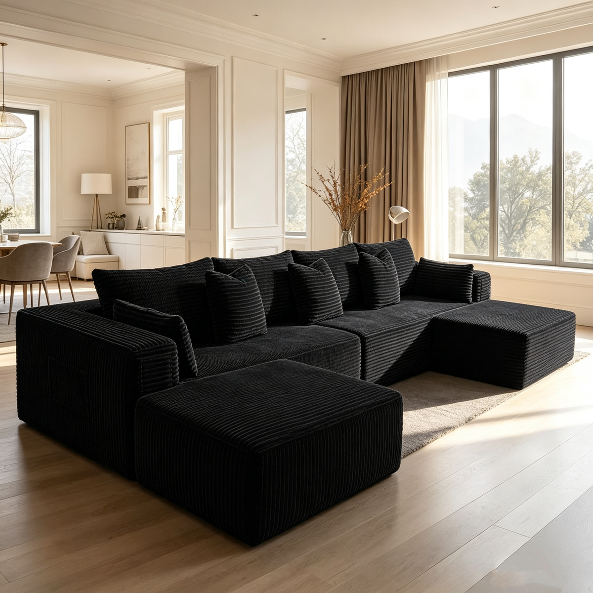 138"Modular Cloud Sectional Sofa with Chaise,Extra Deep Seat Corduroy Couch,Memory Foam,No Assembly,Living Room & Apartment,Black