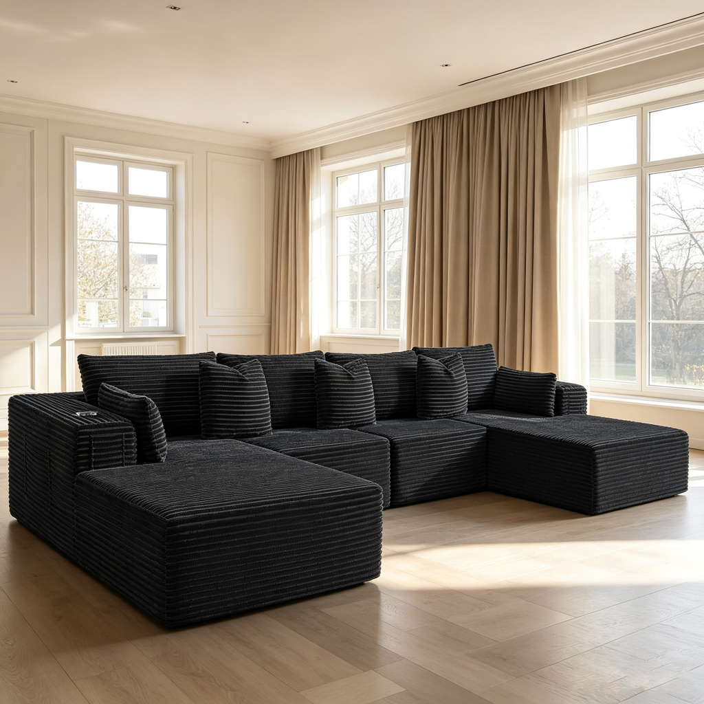 138"Modular Cloud Sectional Sofa with Chaise,Extra Deep Seat Corduroy Couch,Memory Foam,No Assembly,Living Room & Apartment,Black
