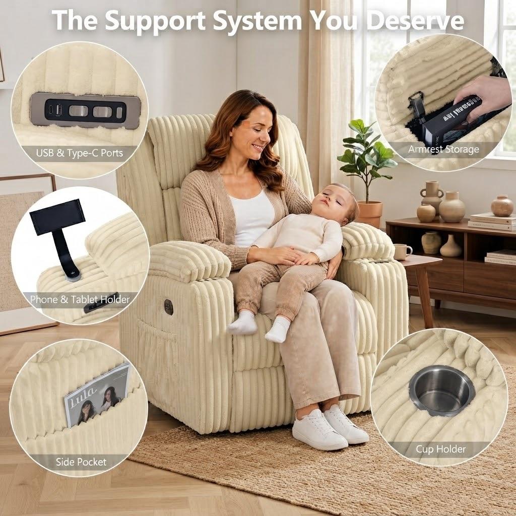 Oversized Power Swivel Rocker Recliner Chair,150° Power Reclining with Adjustable Headrest,Vibration Massage & Heat,270° Swivel,Overstuffed Wide Seat,USB & Type-C Charging,Corduroy,Light Camel