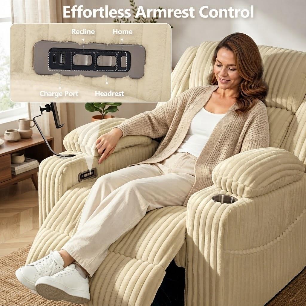 Oversized Power Swivel Rocker Recliner Chair,150° Power Reclining with Adjustable Headrest,Vibration Massage & Heat,270° Swivel,Overstuffed Wide Seat,USB & Type-C Charging,Corduroy,Light Camel