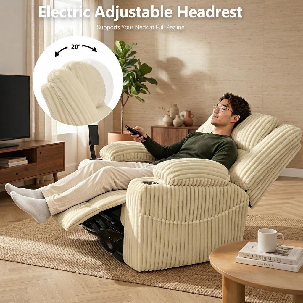 Oversized Power Swivel Rocker Recliner Chair,150° Power Reclining with Adjustable Headrest,Vibration Massage & Heat,270° Swivel,Overstuffed Wide Seat,USB & Type-C Charging,Corduroy,Light Camel