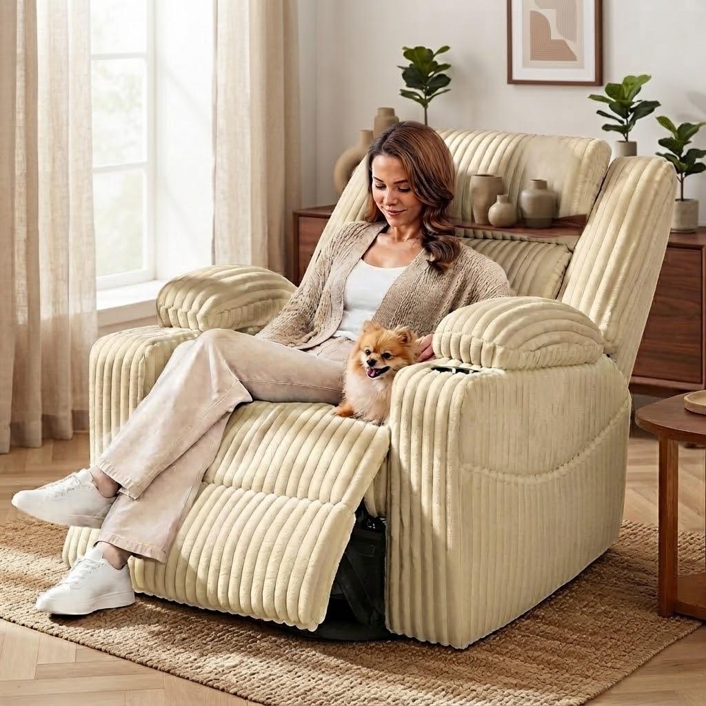 Oversized Power Swivel Rocker Recliner Chair,150° Power Reclining with Adjustable Headrest,Vibration Massage & Heat,270° Swivel,Overstuffed Wide Seat,USB & Type-C Charging,Corduroy,Light Camel
